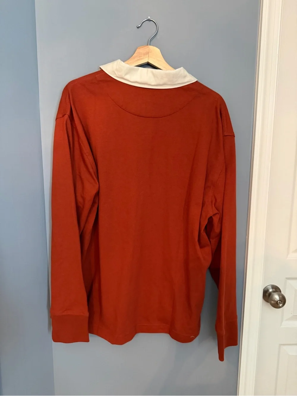 Banana Republic Men's Long-Sleeve Polo in Burnt Orange with Cream Collar